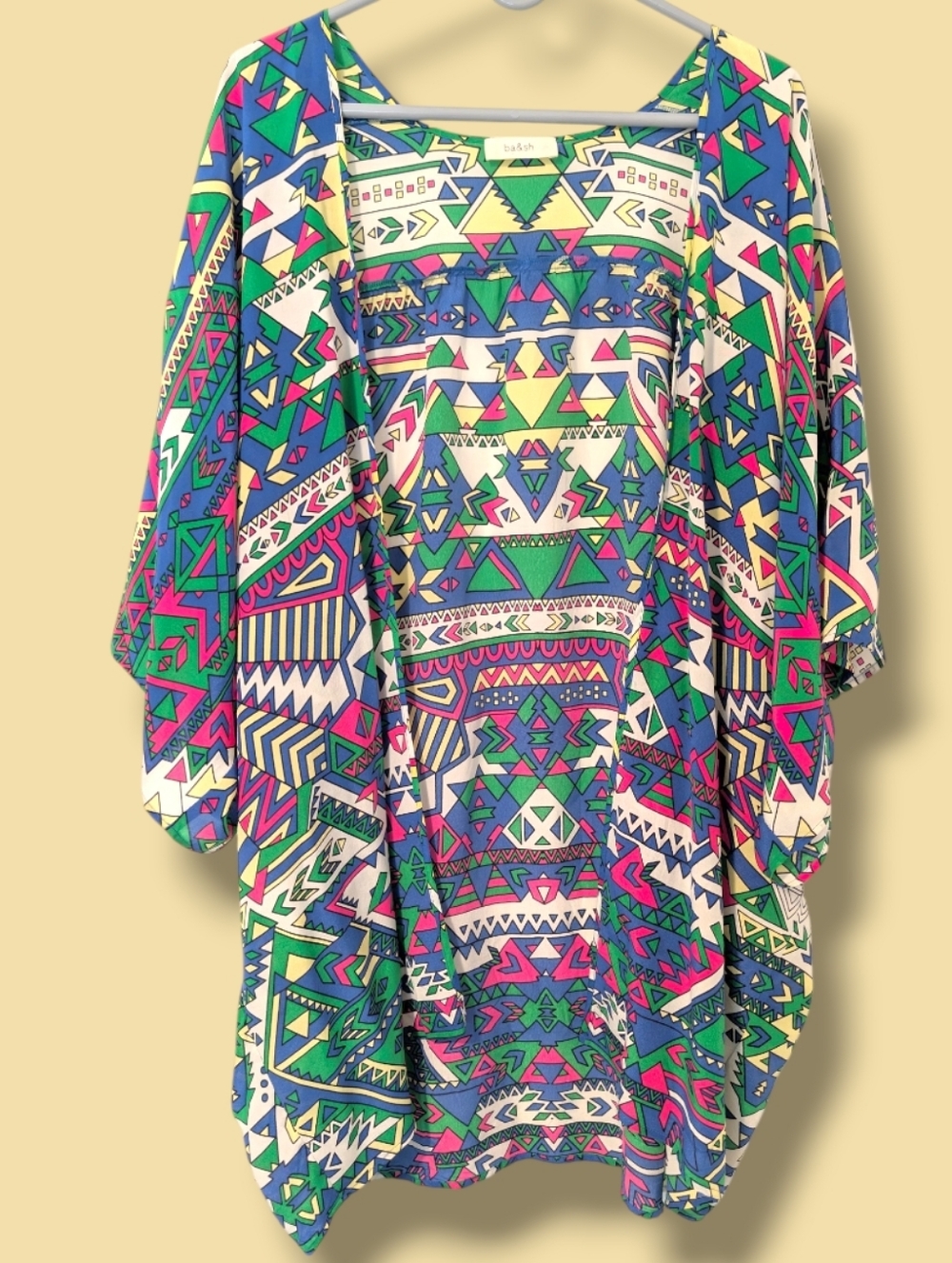 Ba&sh Colorful Geometric Tribal Print 100% Silk Lightweight Open Front Kimono OS
